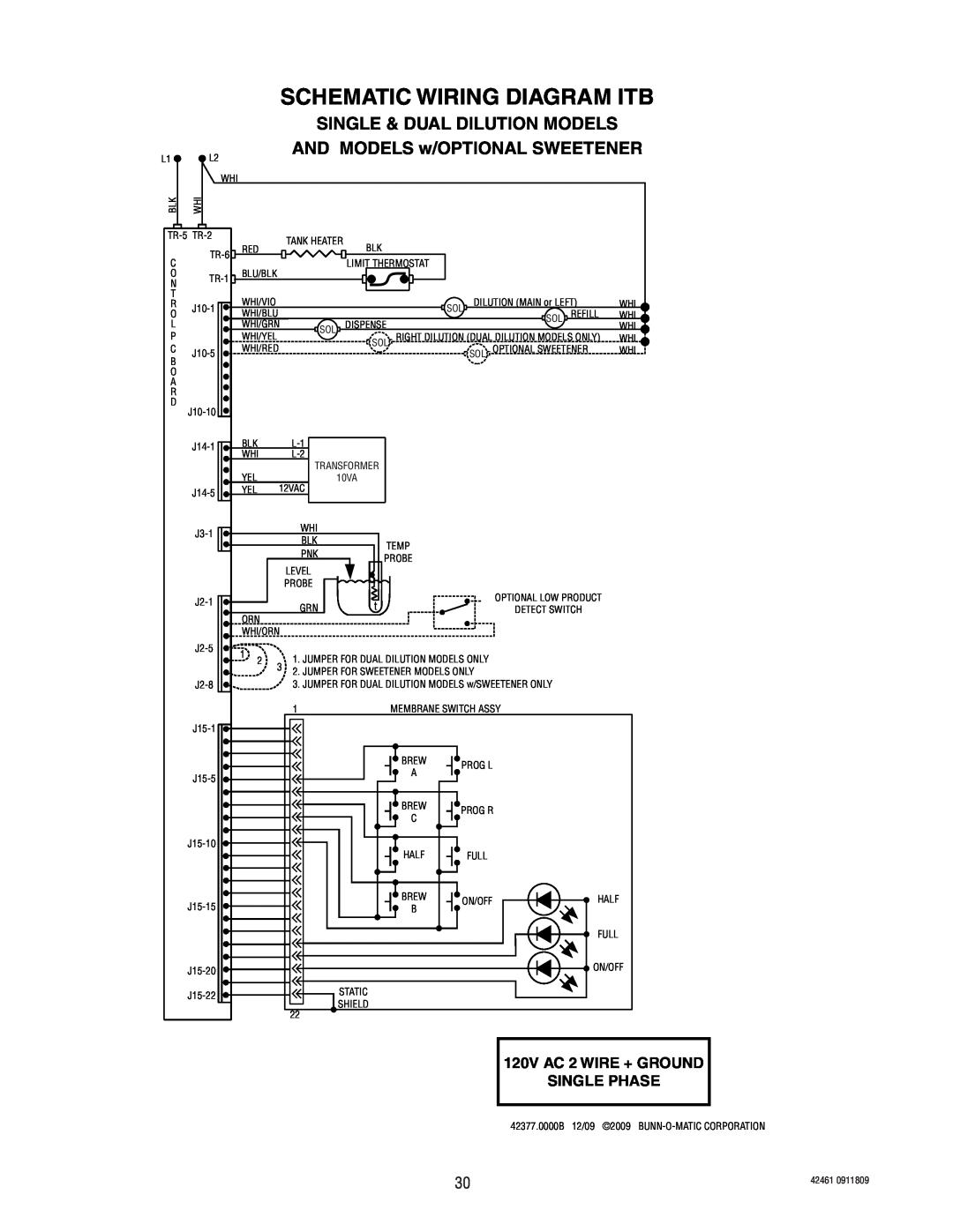 Bunn ICB/TWIN, ITB/ITCB manual Schematic Wiring Diagram Itb, SINGLE & DUAL DILUTION MODELS AND MODELS w/OPTIONAL SWEETENER 