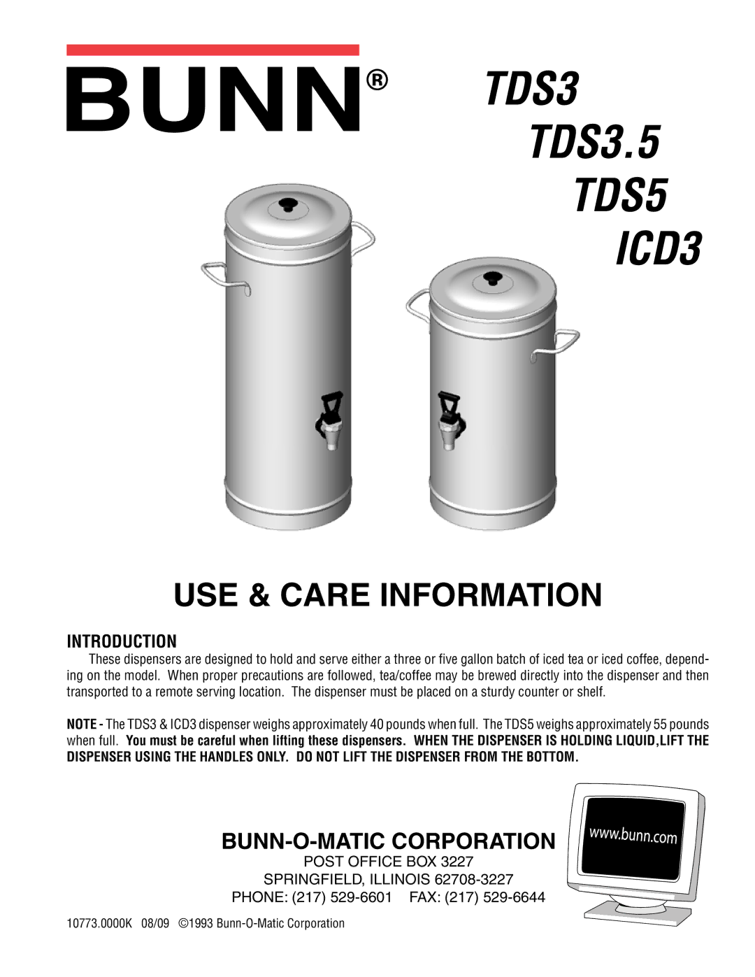 Bunn TDS3.5 manual TDS5 ICD3, USE & Care Information, BUNN-O-MATIC Corporation, Introduction 