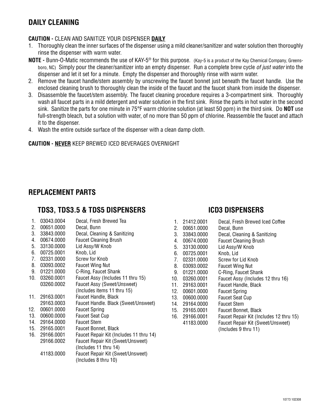 Bunn manual Daily Cleaning, Replacement Parts TDS3, TDS3.5 & TDS5 Dispensers, ICD3 Dispensers 