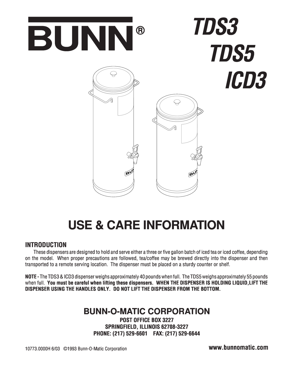 Bunn manual Introduction, TDS3 TDS3.5 TDS5 ICD3, Use & Care Information, Bunn-O-Matic Corporation 