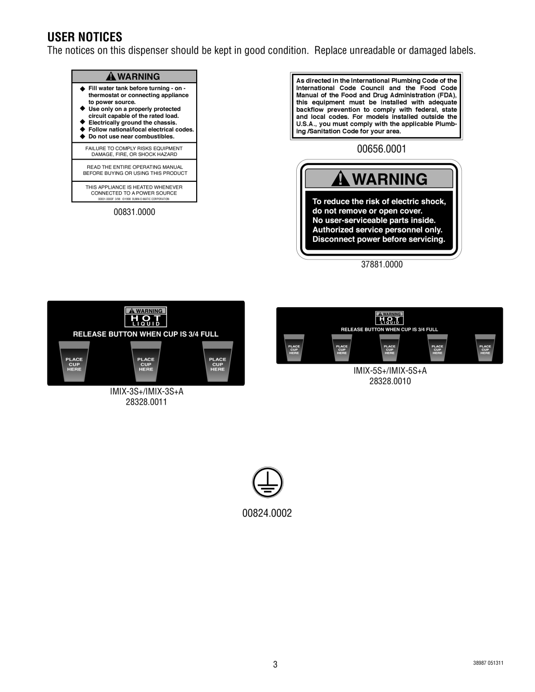 Bunn IMIX -3S+A, IMIX -5S+A service manual User Notices, 00831.0000, 28328.0011, 37881.0000, 28328.0010 