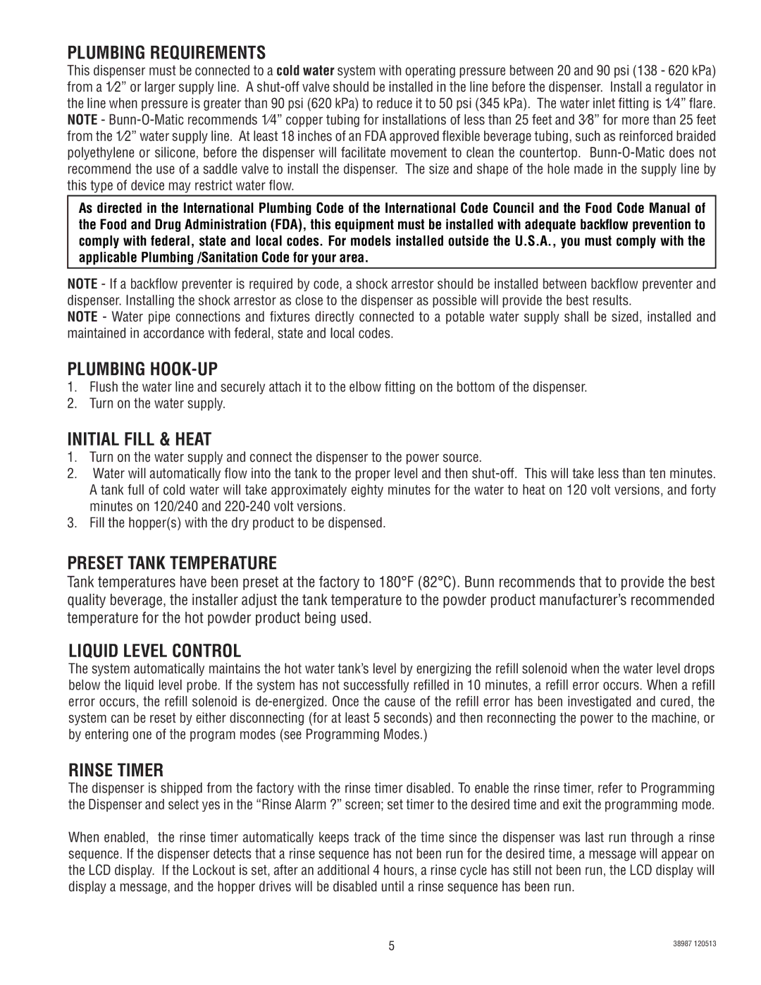 Bunn IMIX -3S+A Plumbing Requirements, Plumbing HOOK-UP, Initial Fill & Heat, Preset Tank Temperature, Rinse Timer 