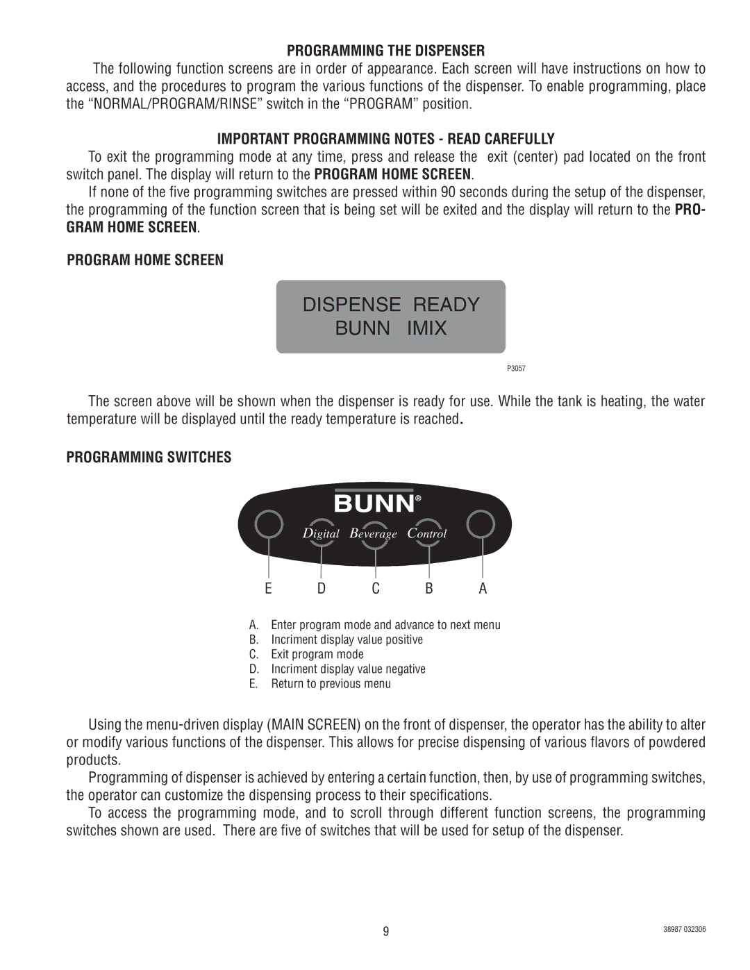 Bunn IMIX -3S+A, IMIX -5S+A Programming the Dispenser, Important Programming Notes Read Carefully, Programming Switches 