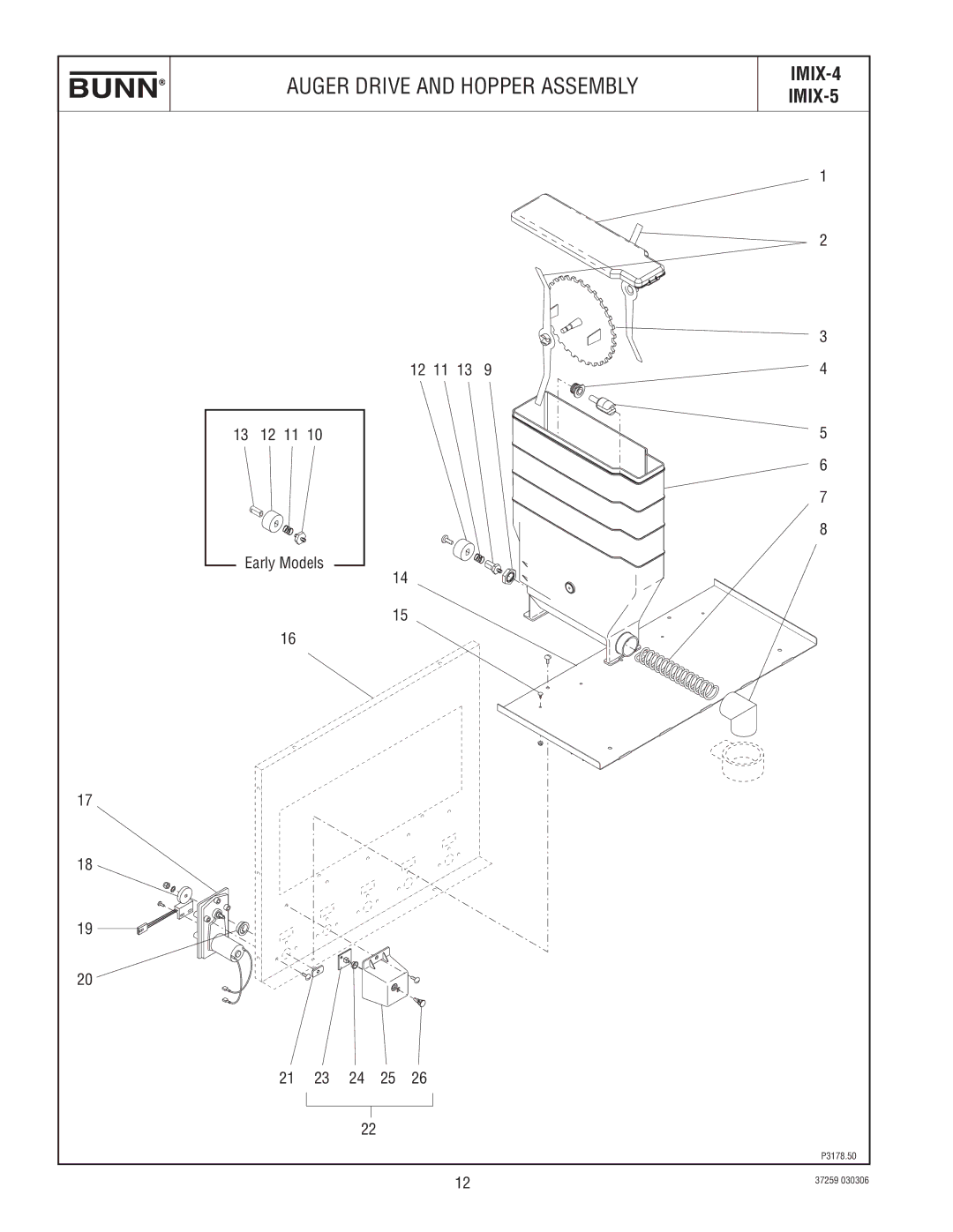 Bunn IMIX-5, IMIX-4 specifications Auger Drive and Hopper Assembly 