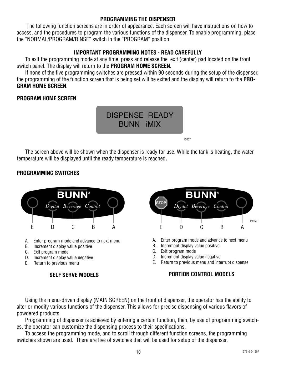 Bunn IMIX-5 Programming the Dispenser, Important Programming Notes Read Carefully, Gram Home Screen Program Home Screen 