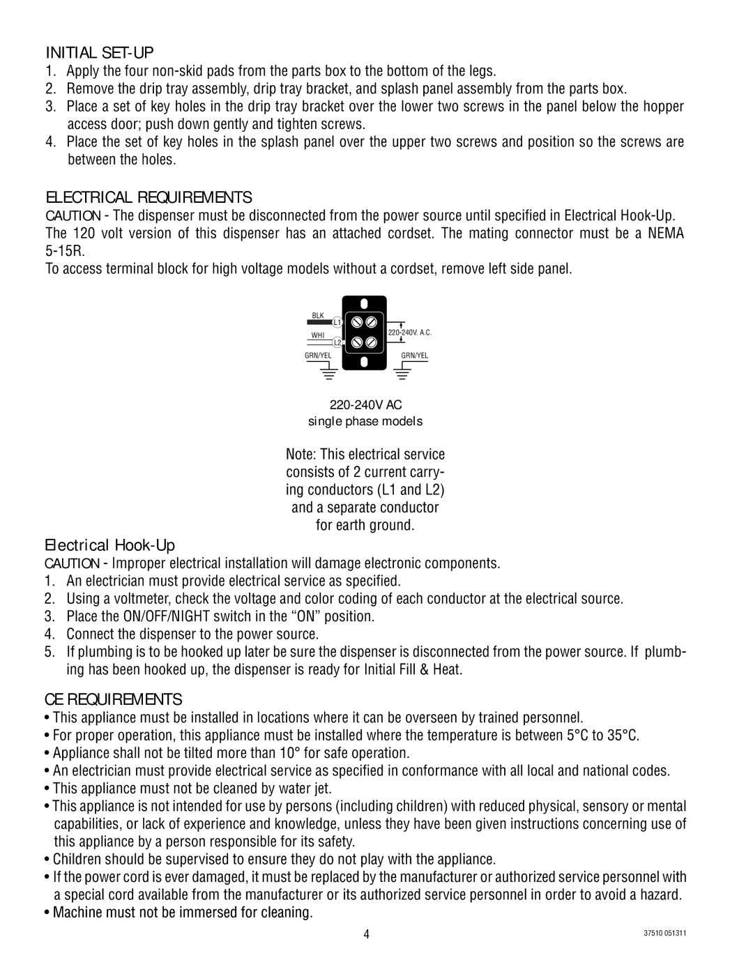 Bunn IMIX-5, IMIX-4 service manual Initial SET-UP, Electrical Requirements, CE Requirements 