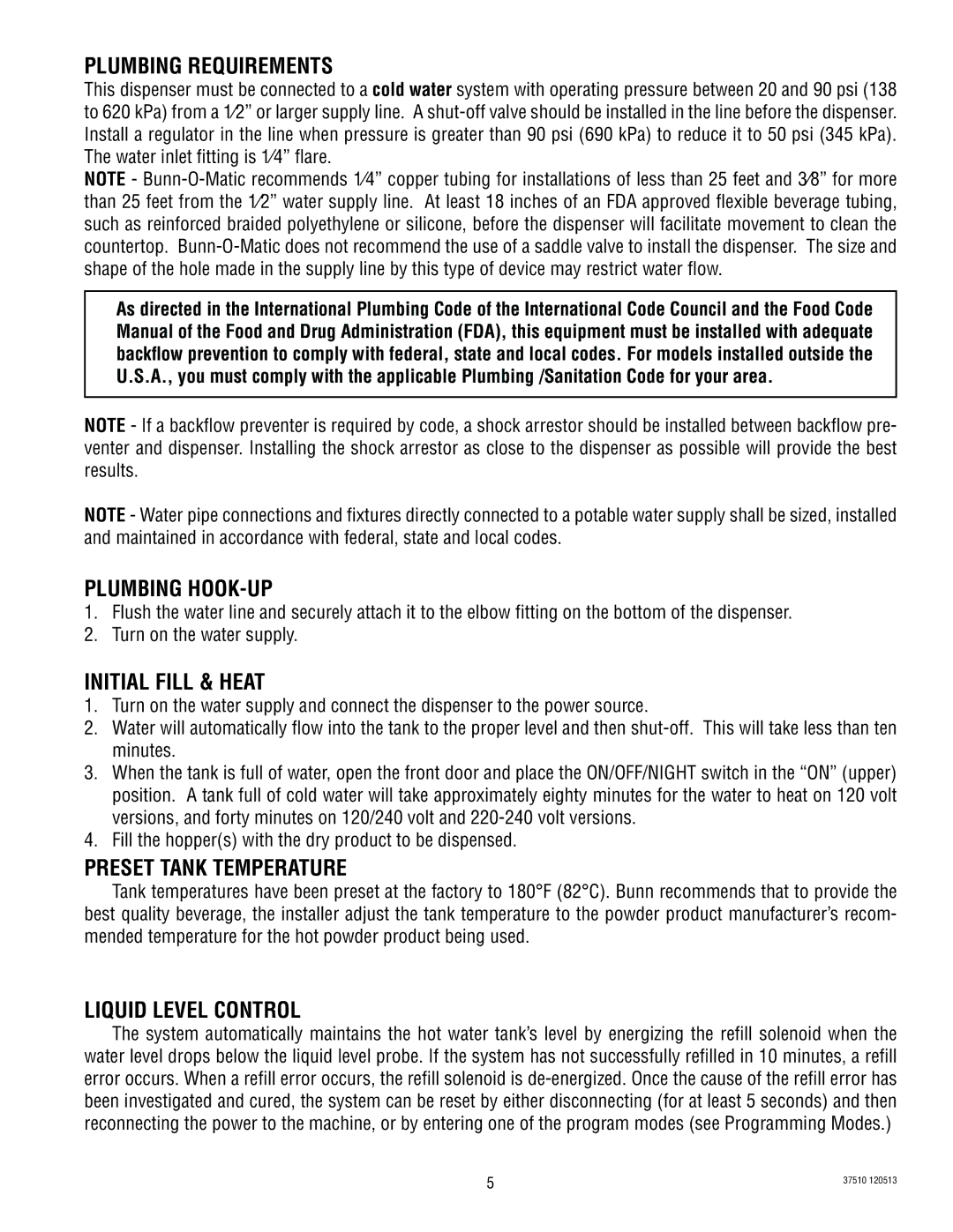 Bunn IMIX-4 Plumbing Requirements, Plumbing HOOK-UP, Initial Fill & Heat, Preset Tank Temperature, Liquid Level Control 