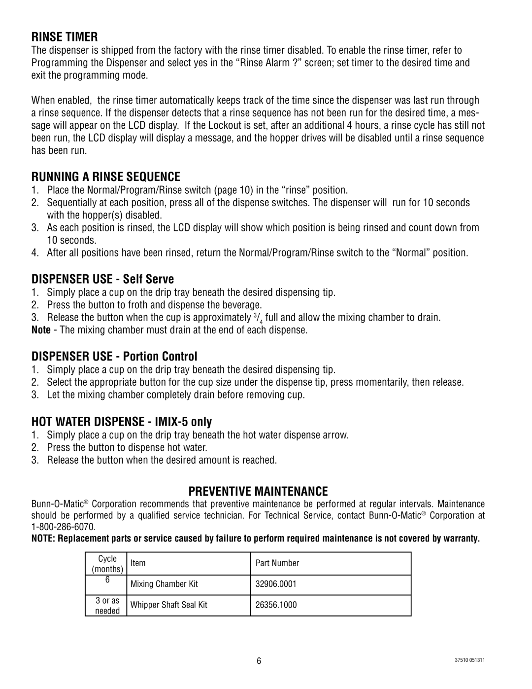 Bunn IMIX-5, IMIX-4 service manual Rinse Timer, Running a Rinse Sequence, Preventive Maintenance 