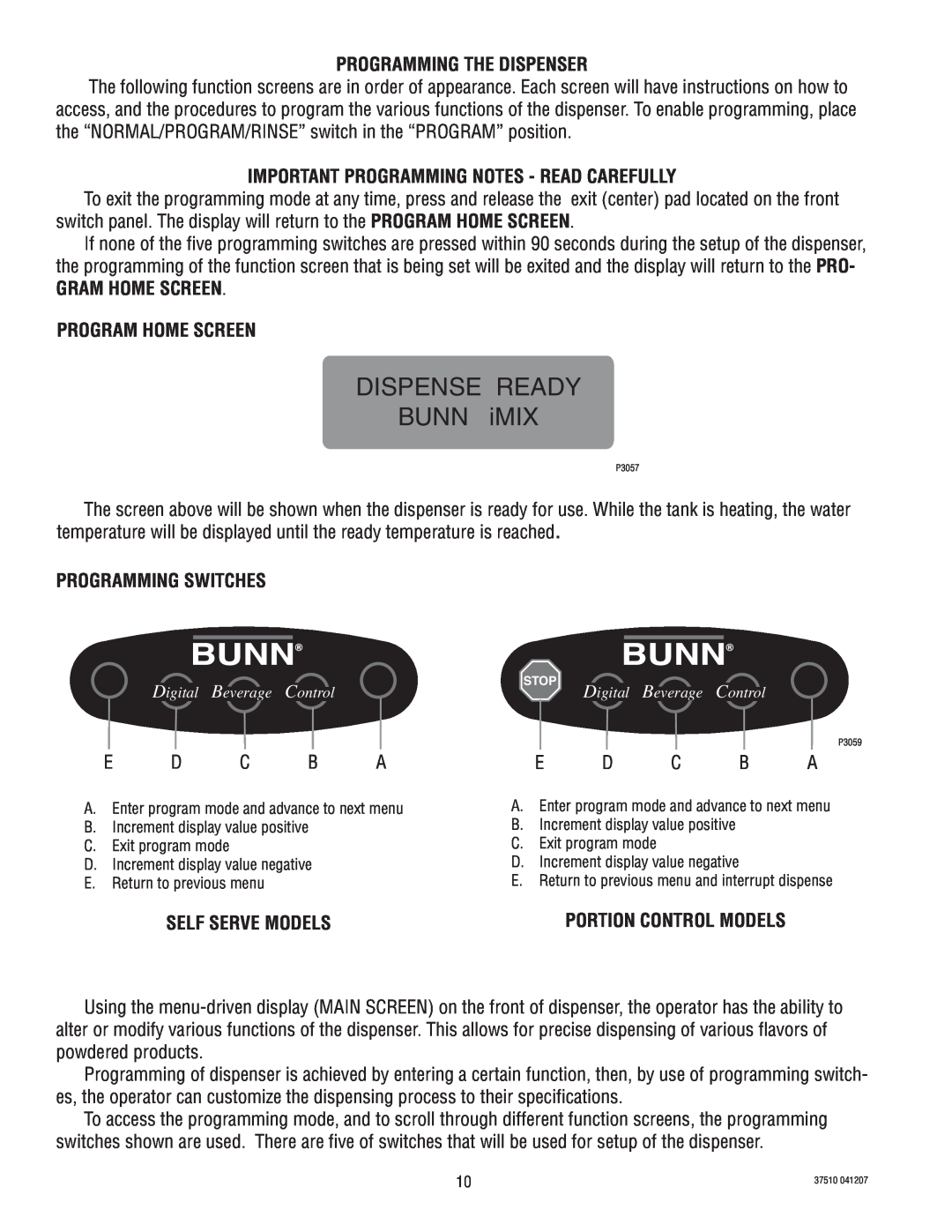 Bunn IMIX-5 Programming The Dispenser, Important Programming Notes - Read Carefully, Gram Home Screen Program Home Screen 