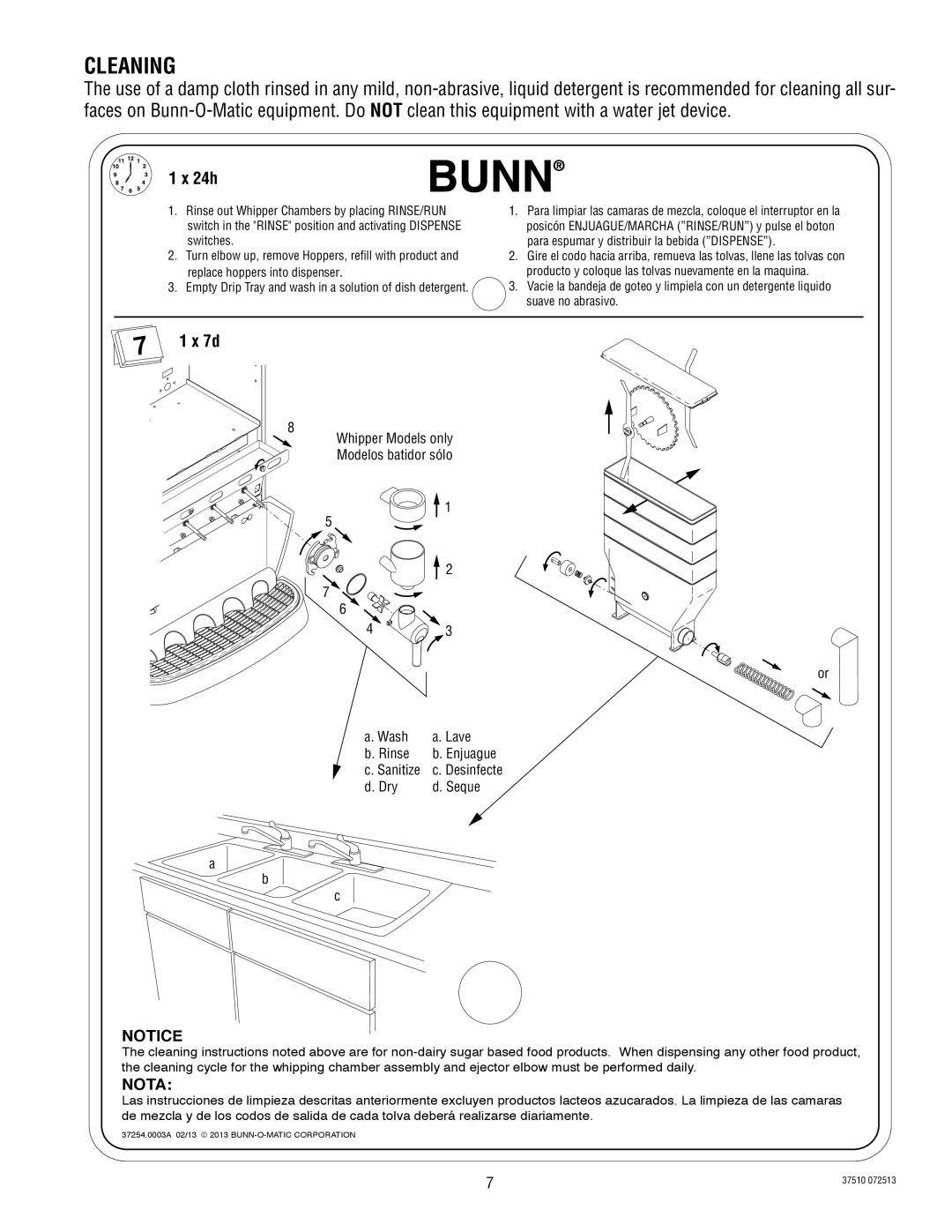 Bunn IMIX-4, IMIX-5 service manual Cleaning, 1 x 24h, 1 x 7d, Notice, Nota 