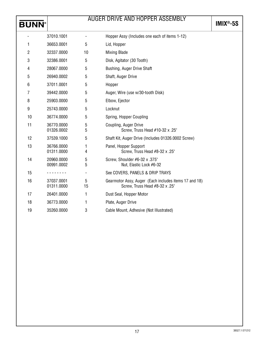 Bunn imix-5s specifications Auger Drive and Hopper Assembly 