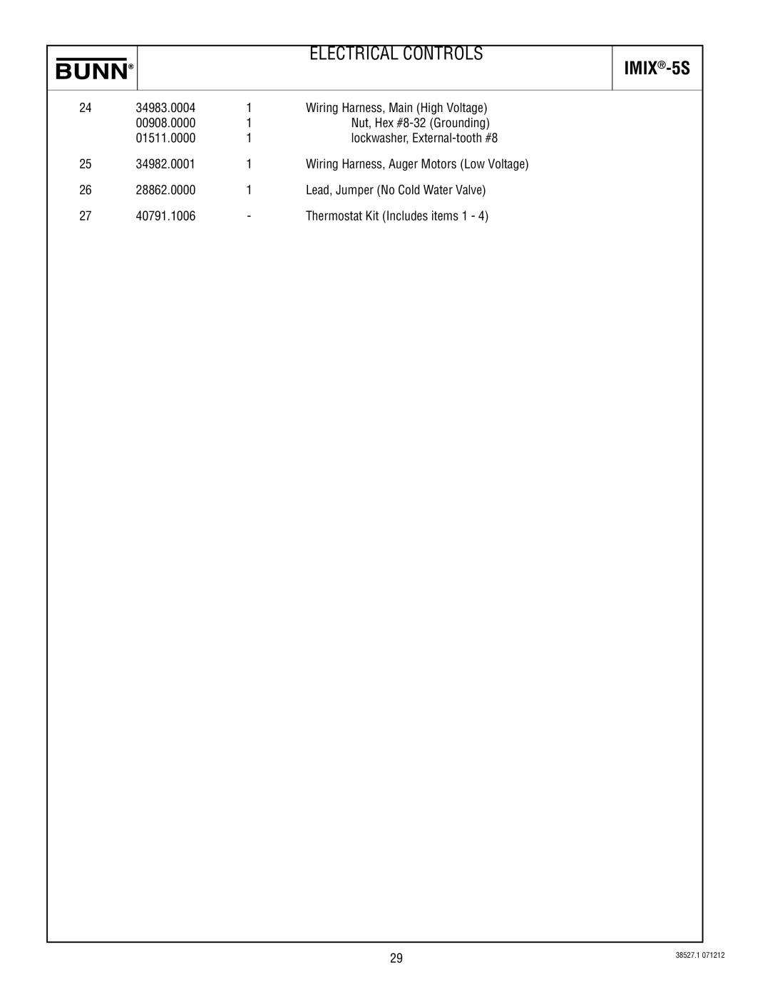 Bunn imix-5s specifications Wiring Harness, Auger Motors Low Voltage 