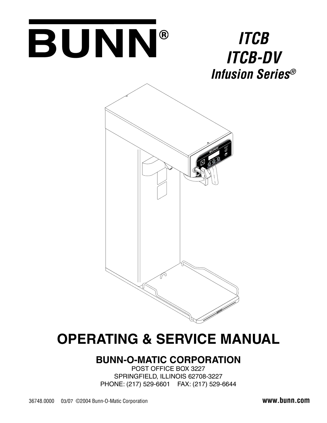 Bunn ITCB-DV manual Post Office BOX SPRINGFIELD, Illinois, Phone 217 529-6601 FAX 217 