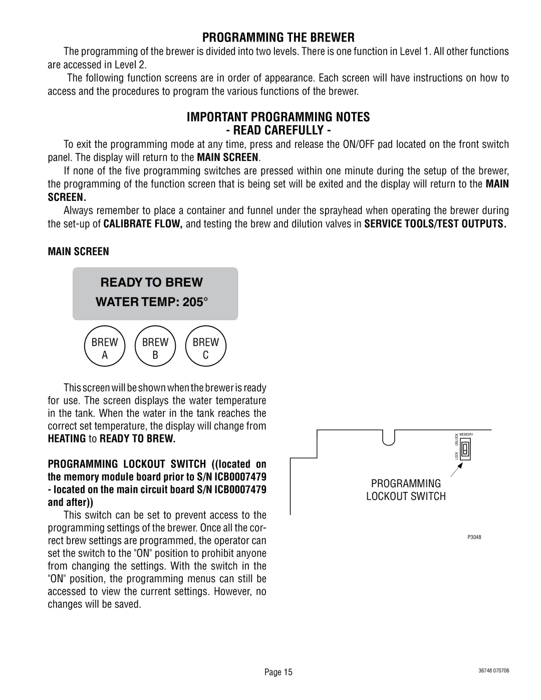 Bunn ITCB-DV manual Programming the Brewer, Important Programming Notes Read Carefully, Ready to Brew Water Temp, Screen 