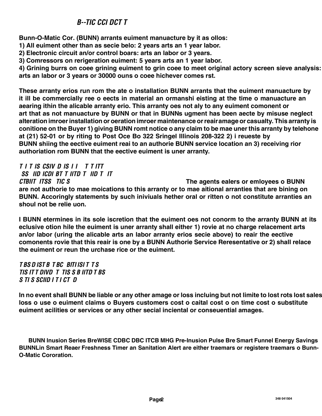 Bunn ITCB-DV manual BUNN-O-MATIC Commercial Product Warranty 