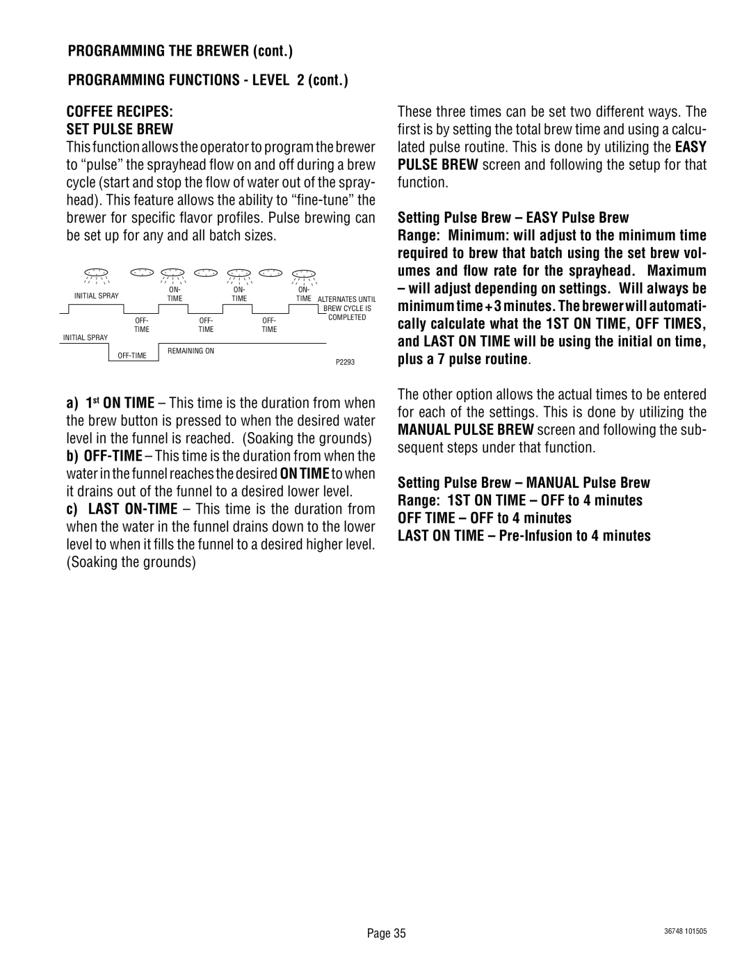 Bunn ITCB-DV manual Coffee Recipes SET Pulse Brew, Last on Time Pre-Infusion to 4 minutes 