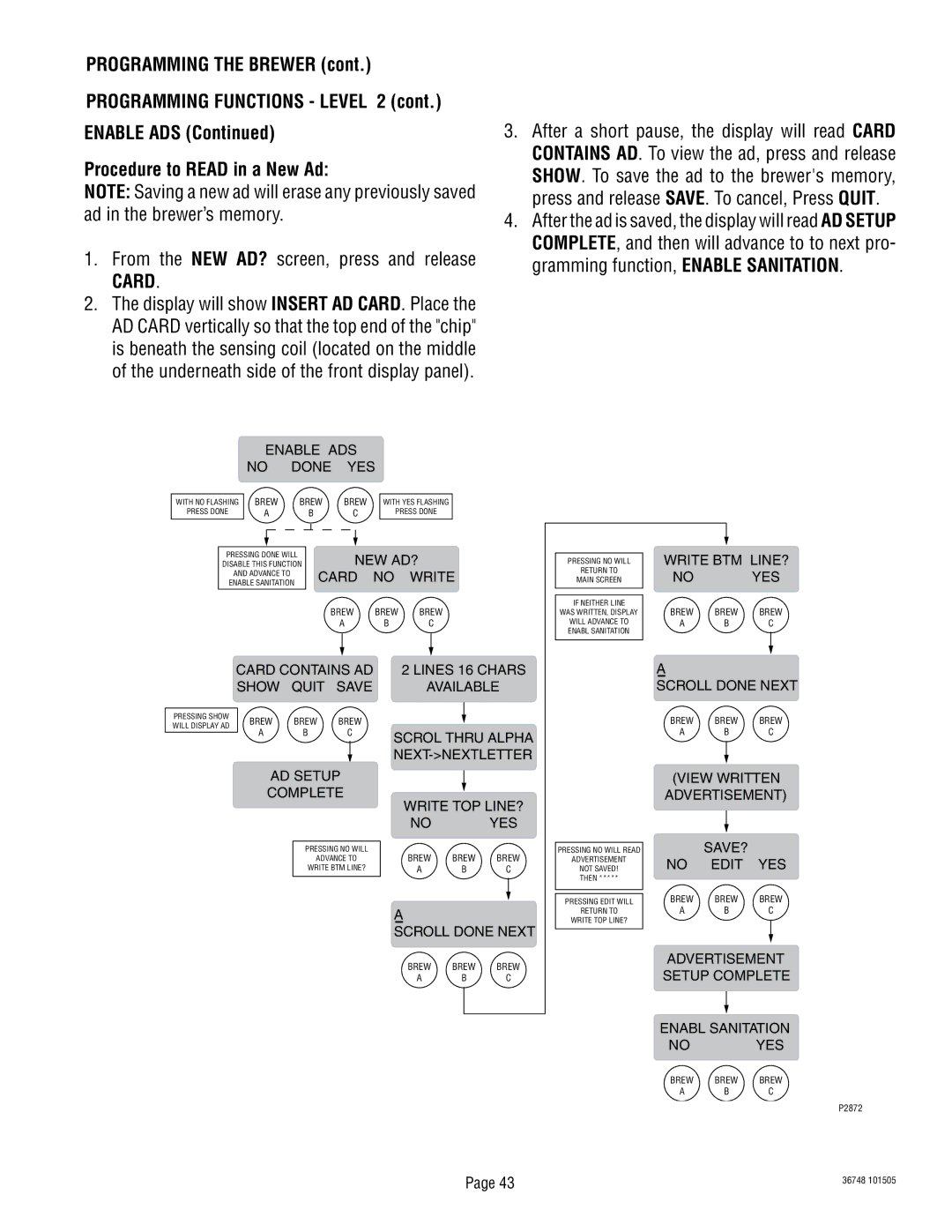 Bunn ITCB-DV manual From the NEW AD? screen, press and release Card, Card no Write 