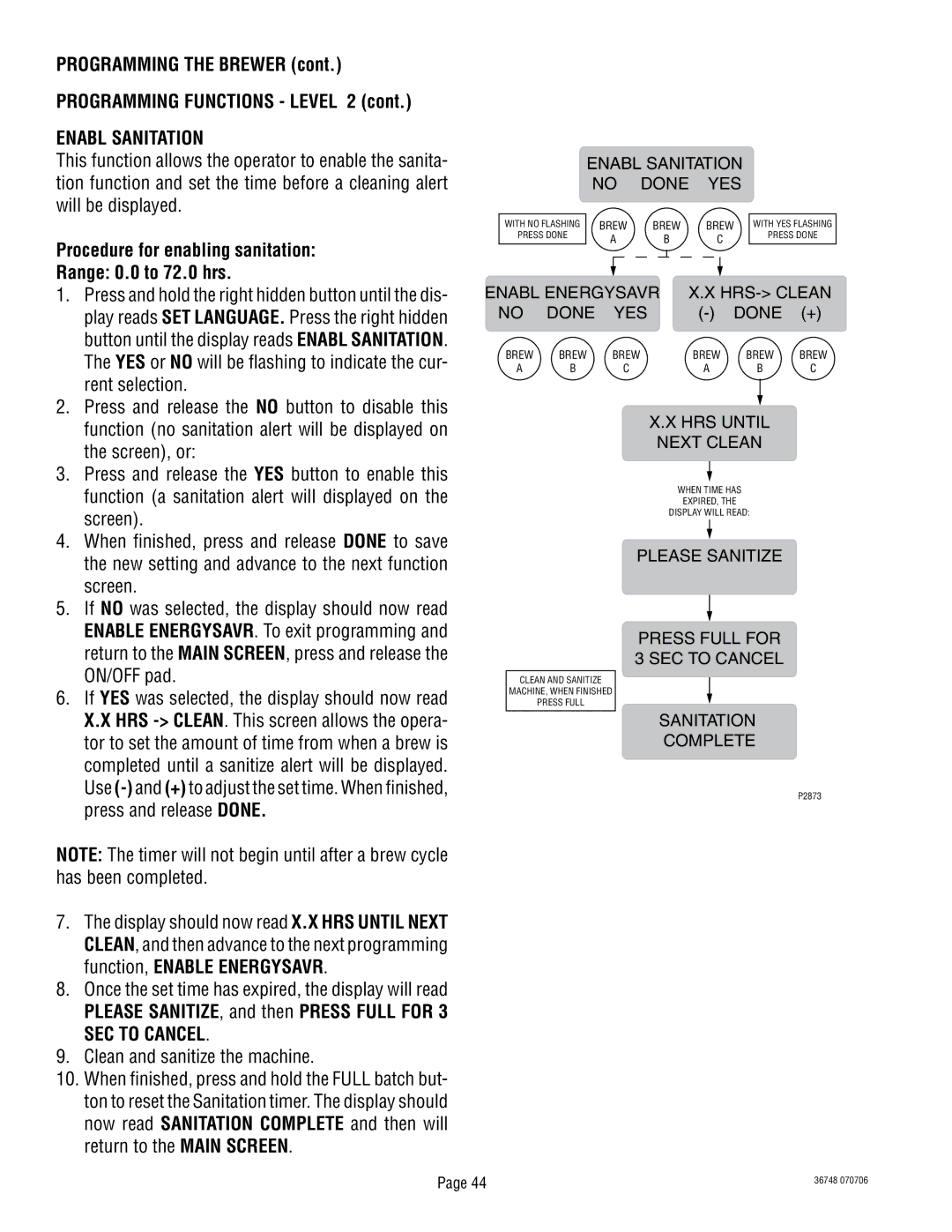 Bunn ITCB-DV manual Enabl Sanitation, Procedure for enabling sanitation Range 0.0 to 72.0 hrs 