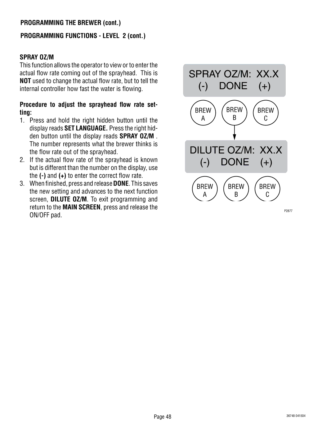 Bunn ITCB-DV manual Spray OZ/M, Procedure to adjust the sprayhead flow rate set- ting 