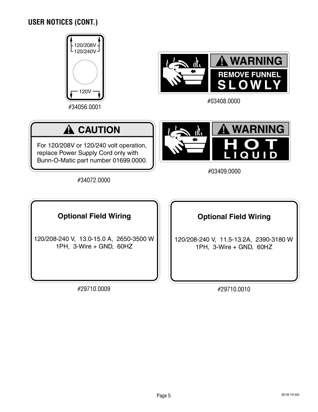 Bunn ITCB-DV manual Ptional &IELD 7IRING, 0 7IRE .$  #29710.0009, 0 7IRE .$  #29710.0010 