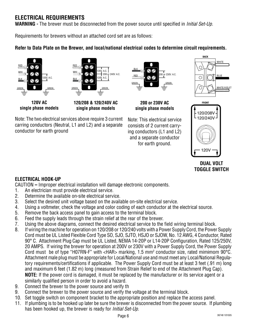 Bunn ITCB-DV manual Electrical Requirements, Conductor for earth ground, A separate conductor For earth ground 