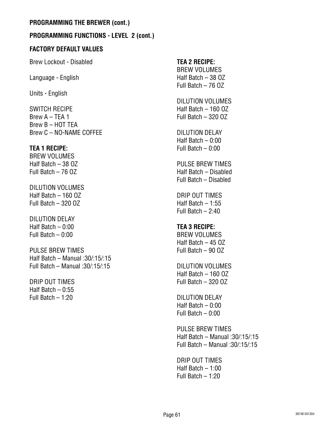 Bunn ITCB-DV manual Factory Default Values, TEA 1 Recipe, TEA 2 Recipe, TEA 3 Recipe 