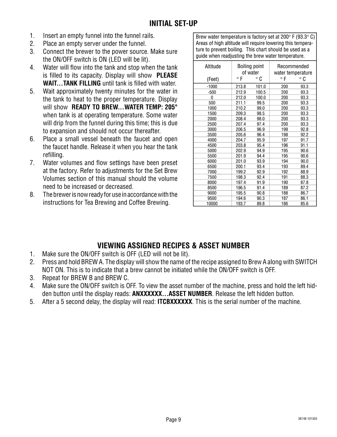 Bunn ITCB-DV manual Initial SET-UP, Viewing Assigned Recipes & Asset Number, Repeat for Brew B and Brew C 