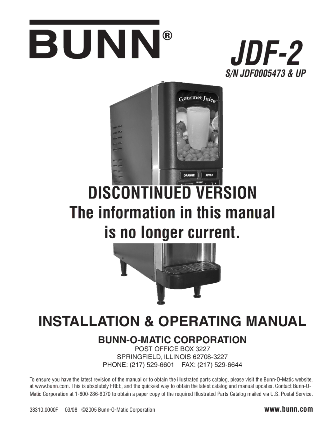 Bunn JDF-2 manual Phone 217 529-6601 FAX 217 