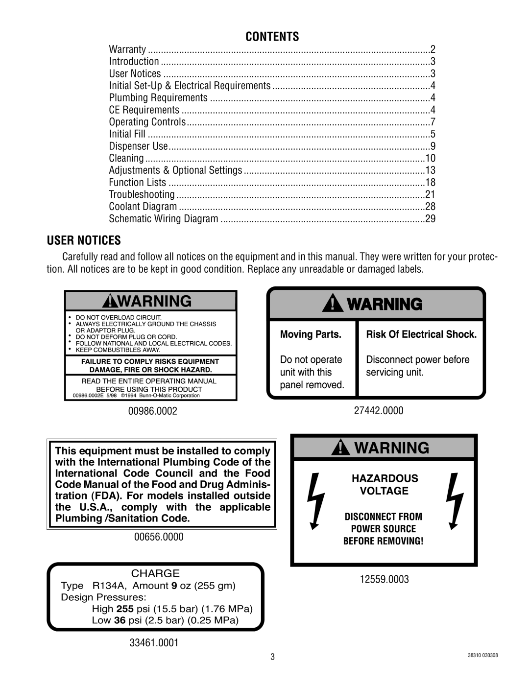 Bunn JDF-2 manual Contents, User Notices 