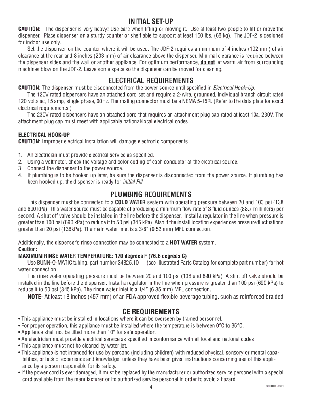 Bunn JDF-2 manual Initial SET-UP, Electrical Requirements, Plumbing Requirements, CE Requirements 