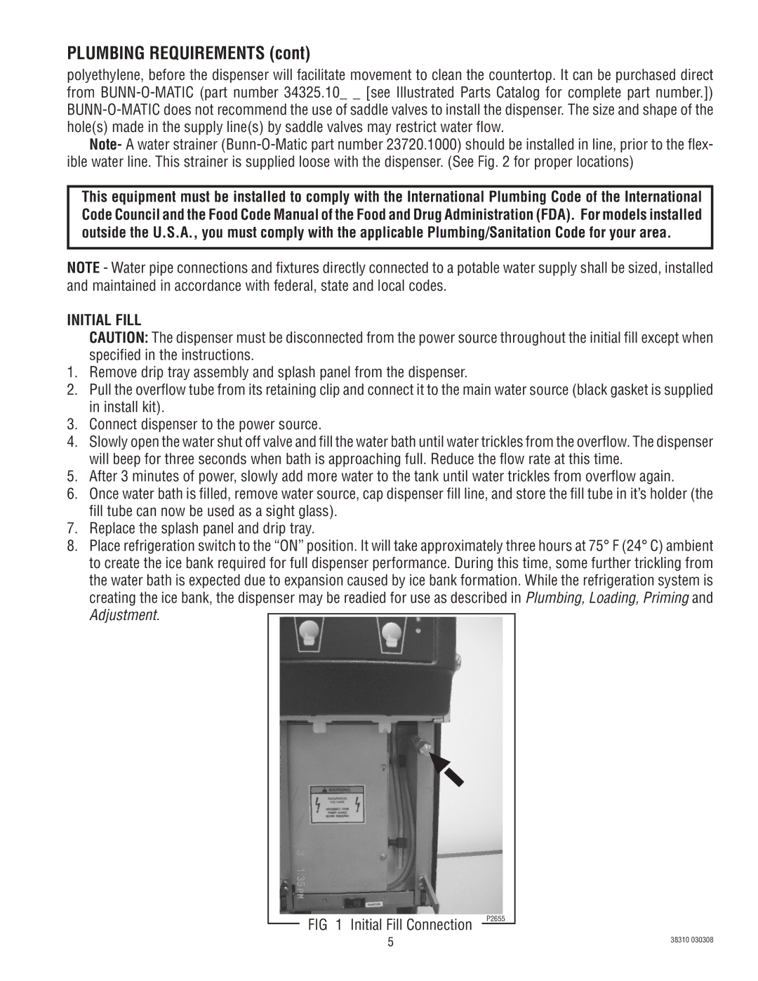 Bunn JDF-2 manual Plumbing Requirements, Initial Fill 