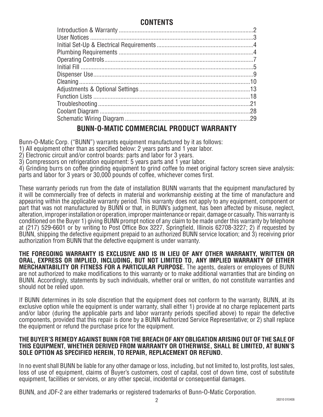 Bunn JDF-2N manual Contents 