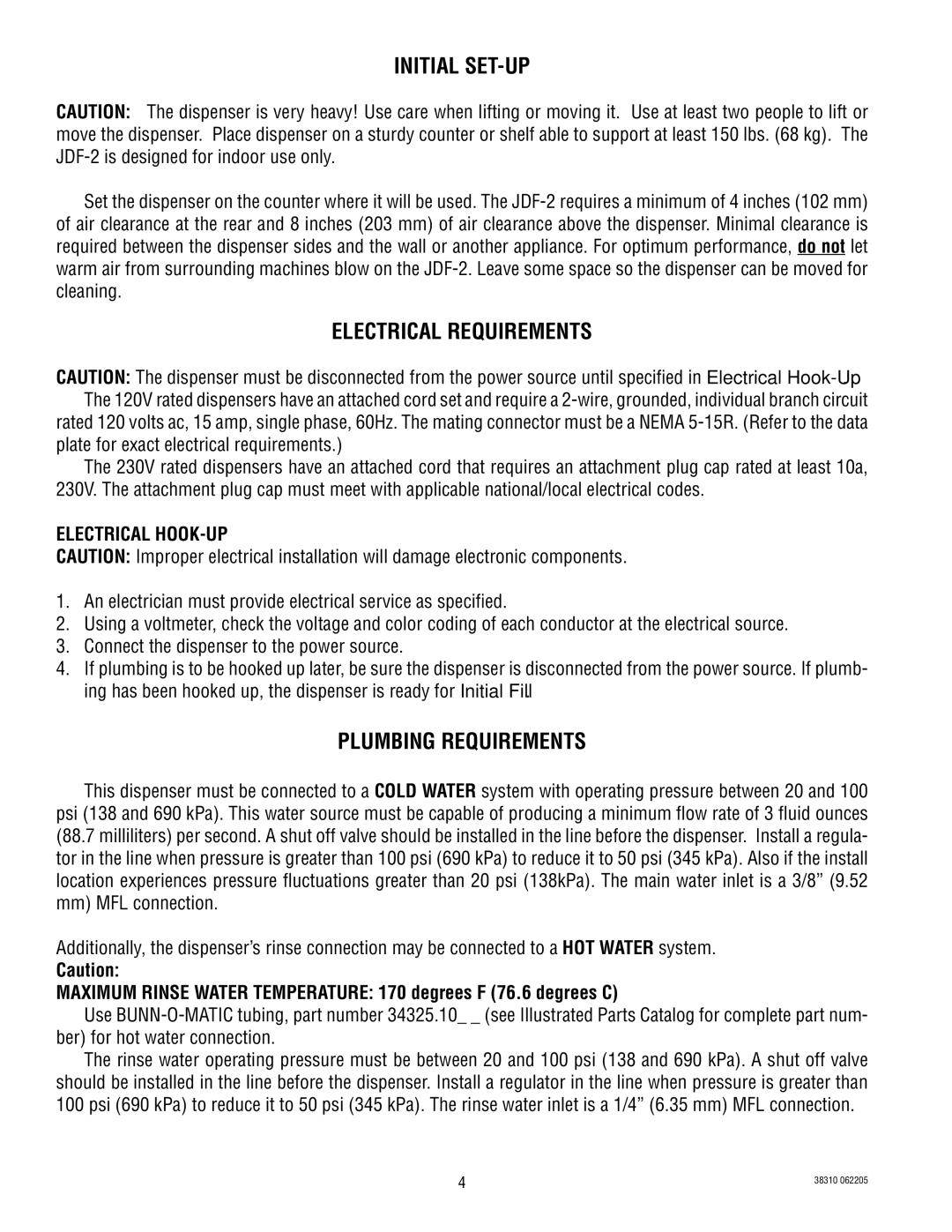 Bunn JDF-2N manual Initial SET-UP, Electrical Requirements, Plumbing Requirements, Electrical HOOK-UP 