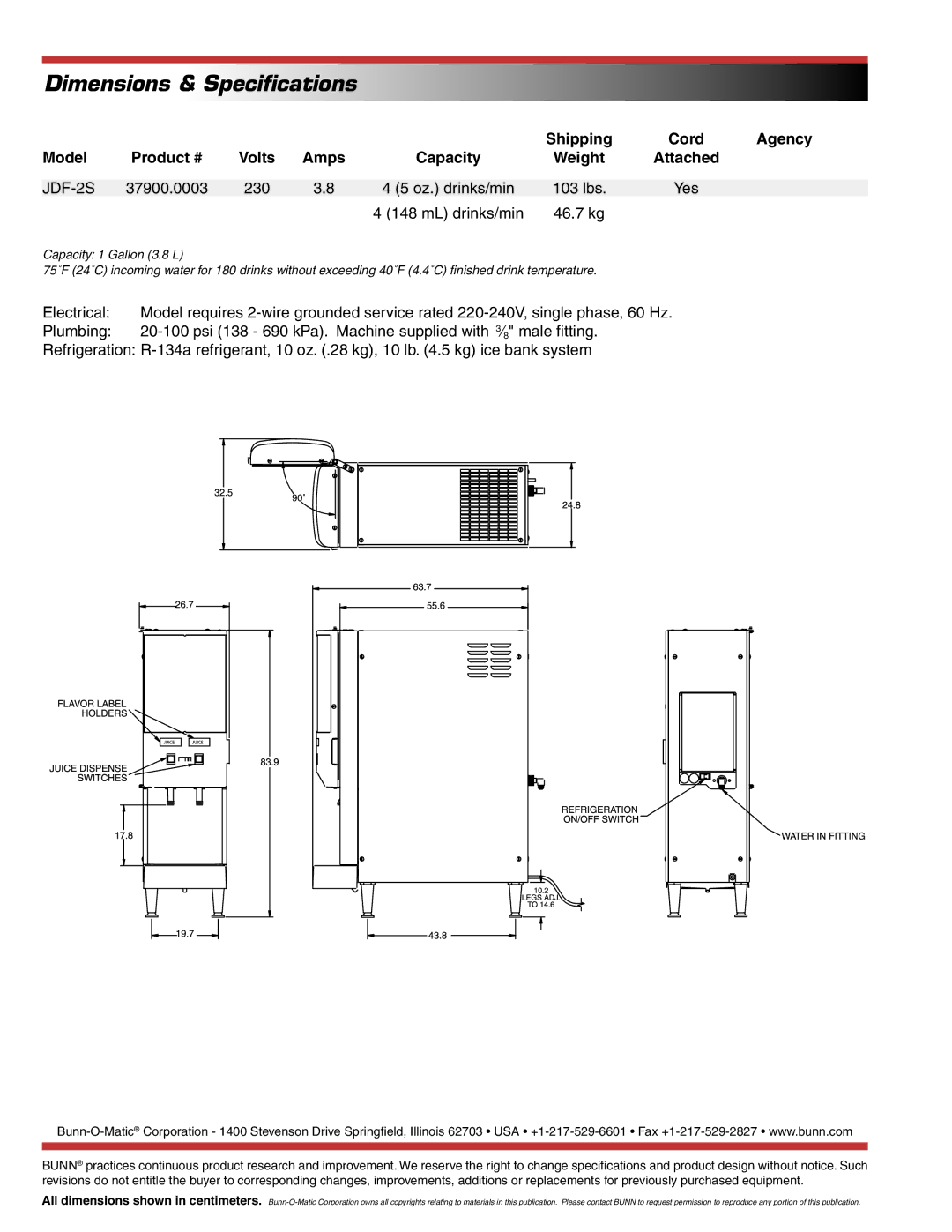 Bunn JDF-2S specifications Dimensions & Speciﬁcations 