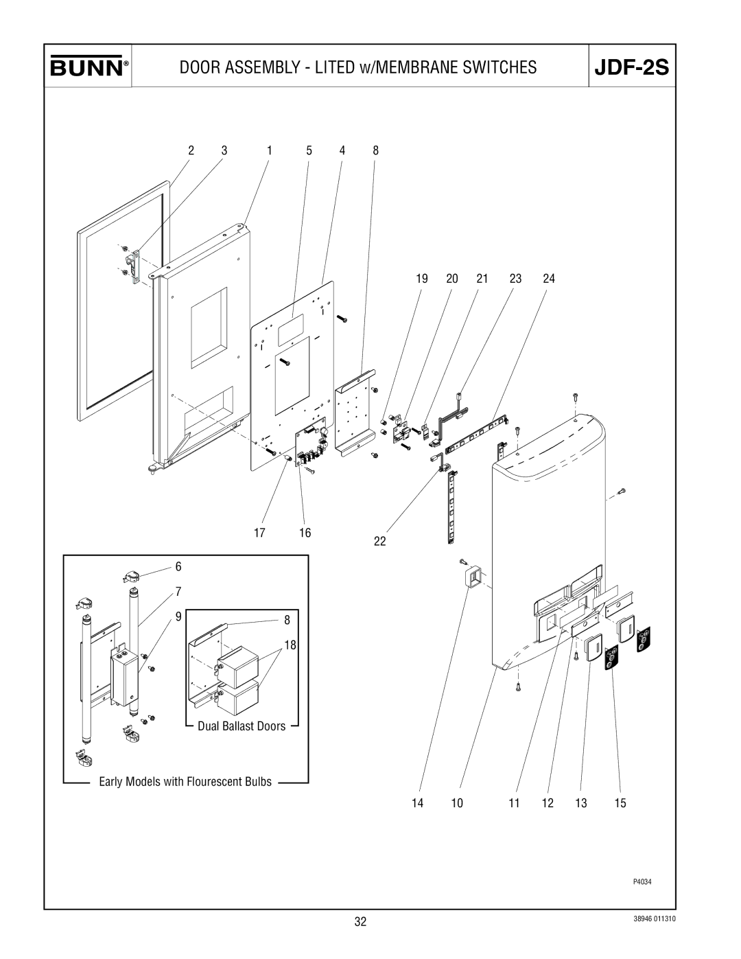 Bunn JDF-2S manual Door Assembly Lited w/MEMBRANE Switches 