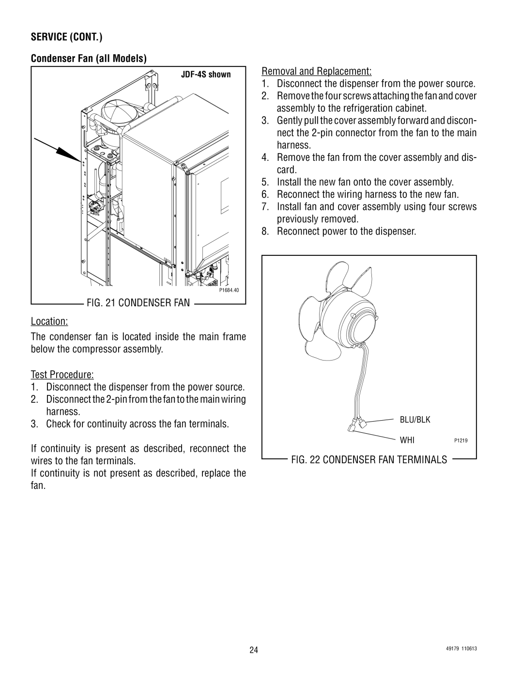 Bunn JDF-4SB, JDF-4D manual Condenser Fan all Models, Condenser FAN 