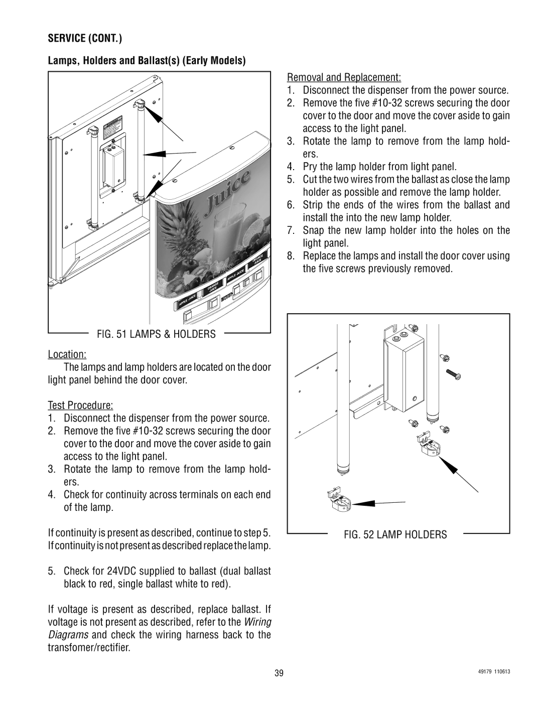 Bunn JDF-4SB, JDF-4D manual Lamps, Holders and Ballasts Early Models, Lamps & Holders 