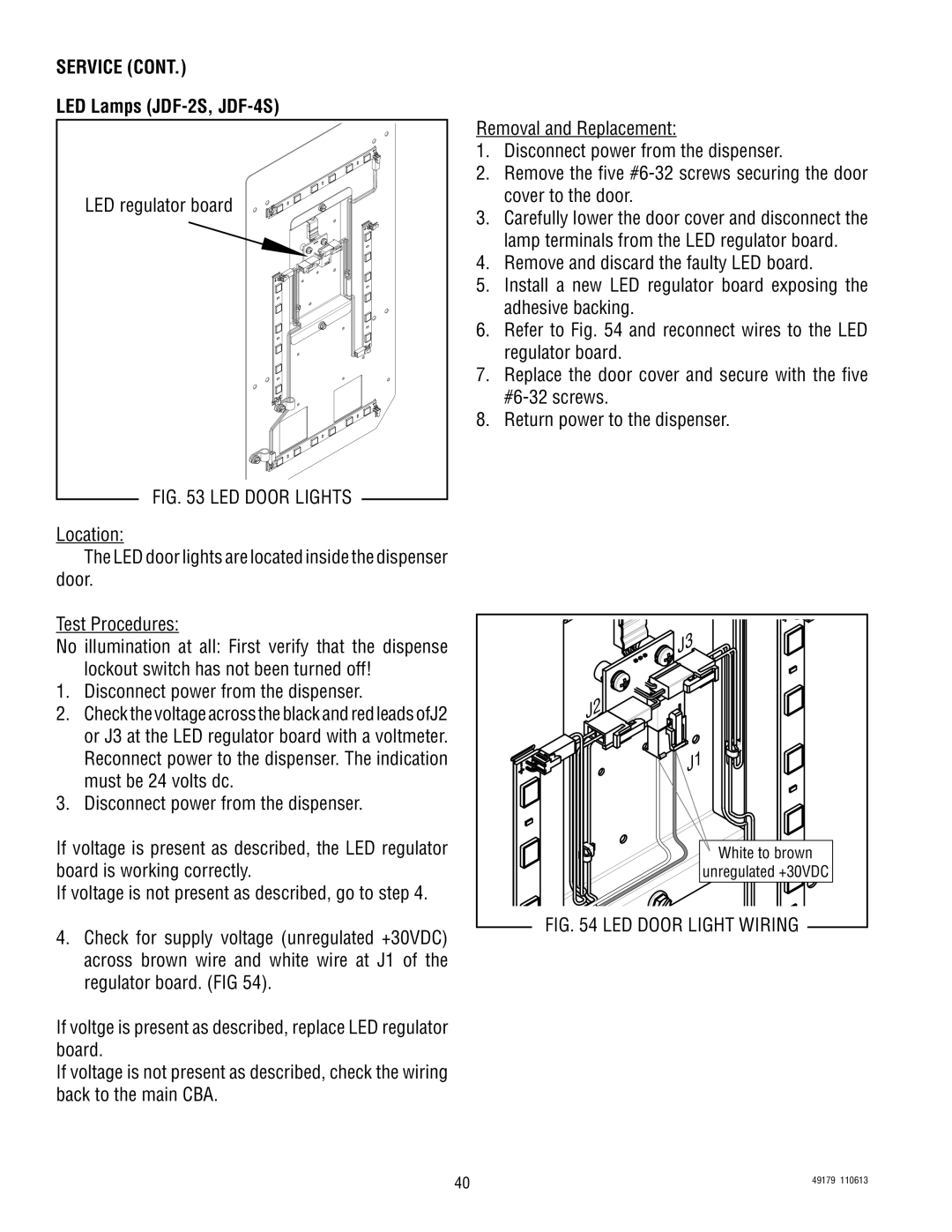 Bunn JDF-4SB, JDF-4D manual LED Lamps JDF-2S, JDF-4S, LED regulator board, Disconnect power from the dispenser 