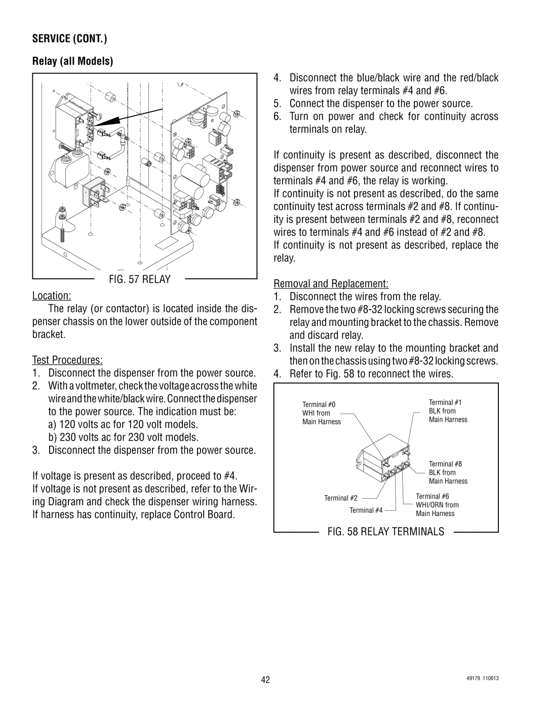 Bunn JDF-4S Relay all Models, Volts ac for 120 volt models Volts ac for 230 volt models, Refer to to reconnect the wires 