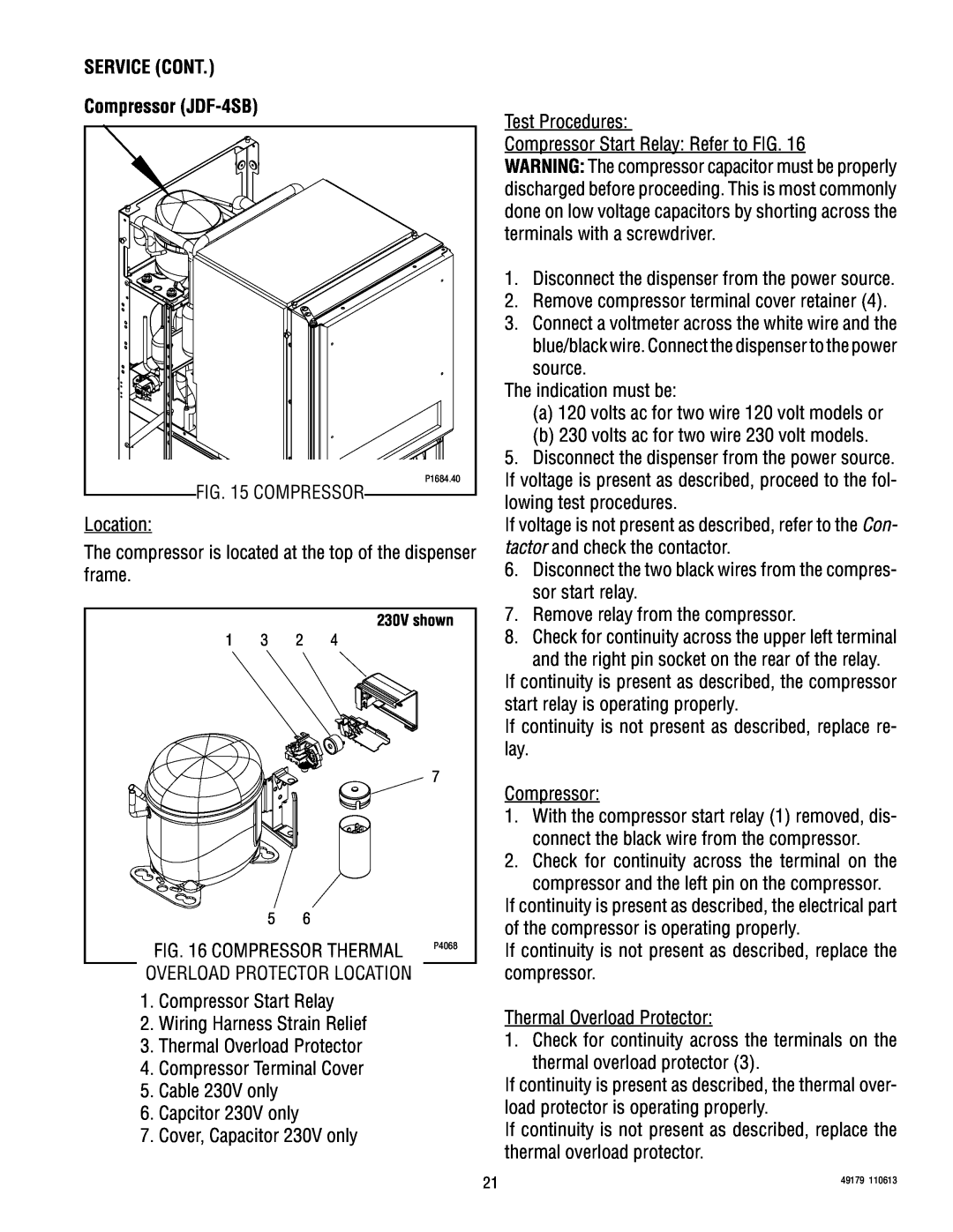 Bunn JDF-4D manual SERVICE CONT Compressor JDF-4SB, 230V shown 