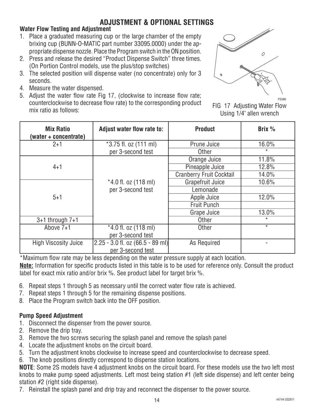 Bunn JDF-4S service manual Adjustment & Optional Settings, Water Flow Testing and Adjustment, Brix %, Pump Speed Adjustment 