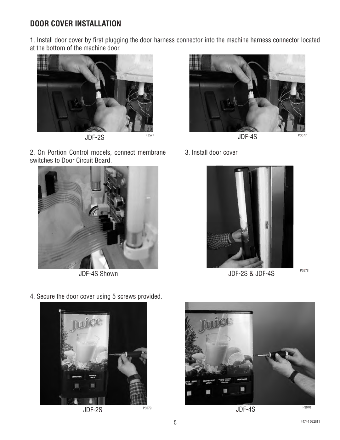 Bunn JDF-4S service manual Door Cover Installation, Secure the door cover using 5 screws provided 