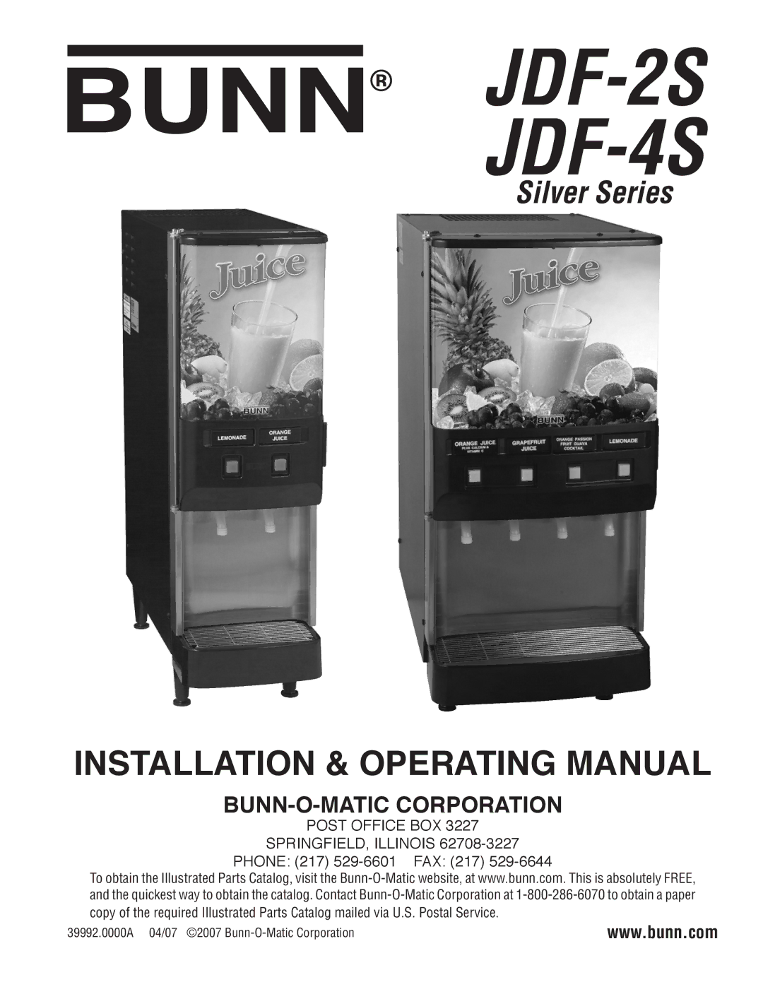 Bunn manual JDF-2S JDF-4S, Phone 217 529-6601 FAX 217 