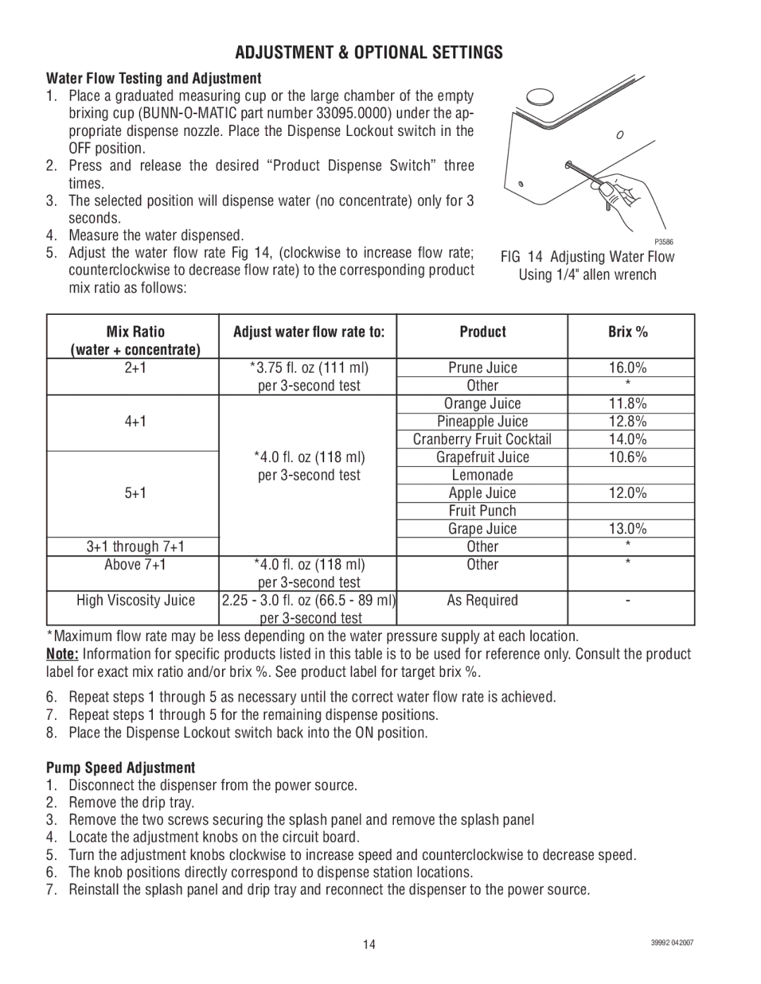 Bunn JDF-4S manual Adjustment & Optional Settings, Water Flow Testing and Adjustment, Mix Ratio, Product Brix % 