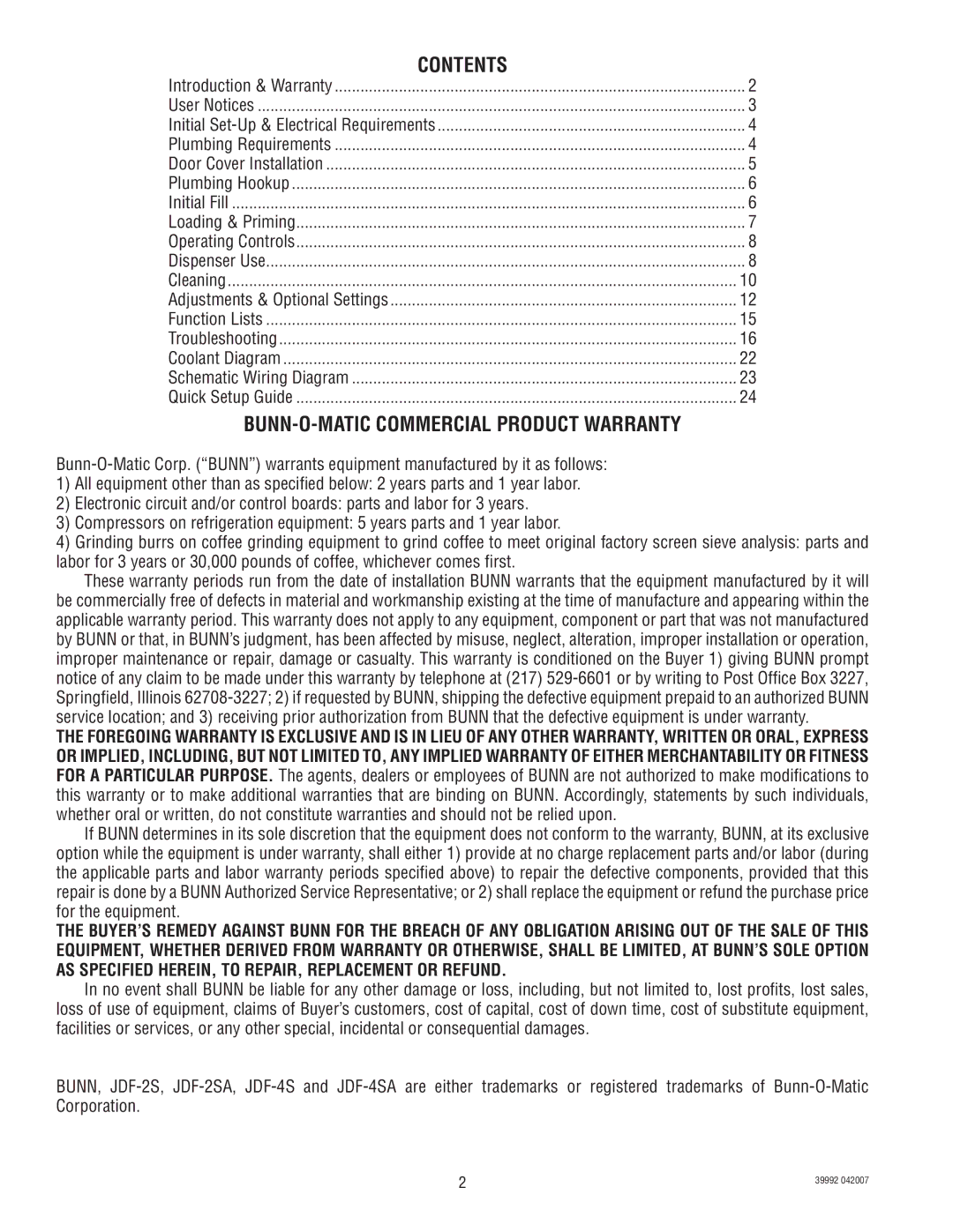 Bunn JDF-4S manual Contents 