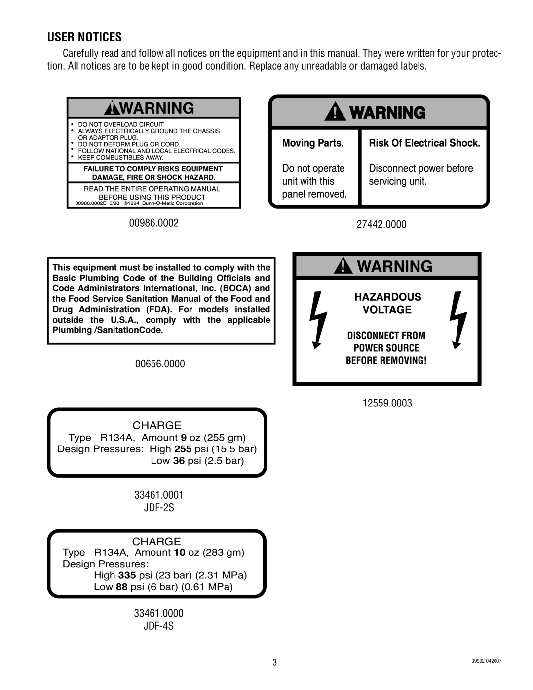 Bunn JDF-4S manual User Notices, 27442.0000, 00656.0000 12559.0003, 33461.0001, 33461.0000 