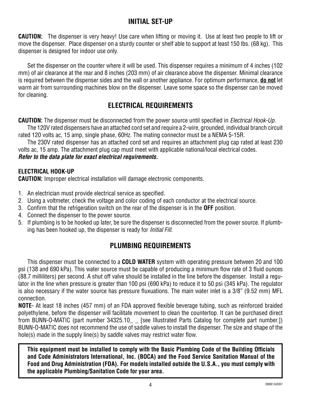 Bunn JDF-4S manual Initial SET-UP, Electrical Requirements, Plumbing Requirements, Electrical HOOK-UP 