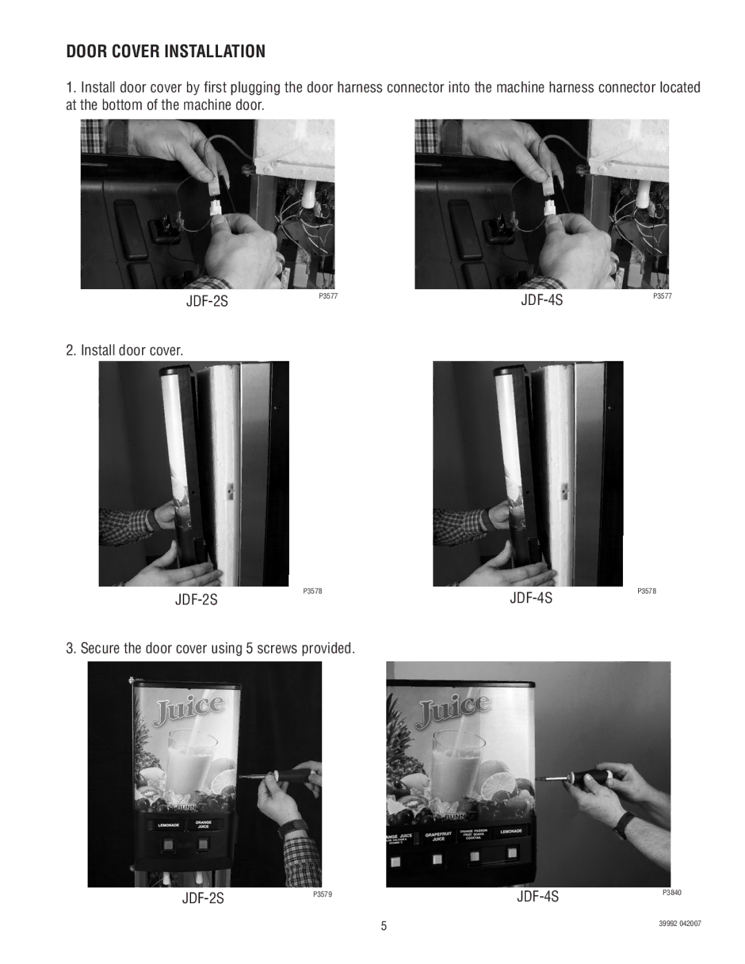 Bunn JDF-4S manual Door Cover Installation, Install door cover, Secure the door cover using 5 screws provided 