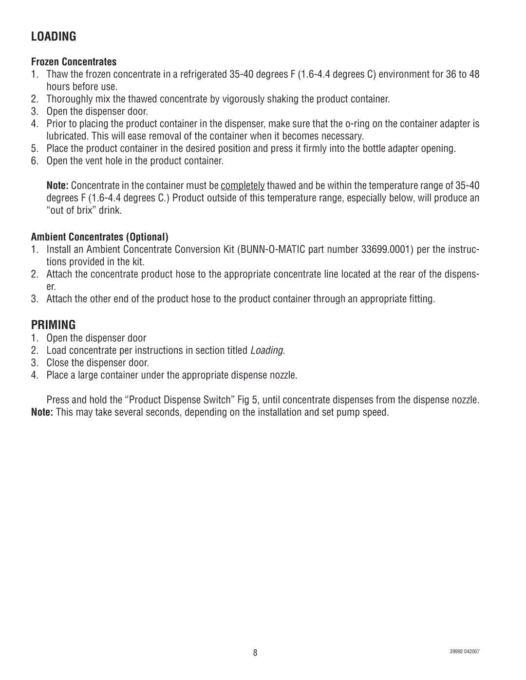 Bunn JDF-4S manual Loading, Priming, Frozen Concentrates, Ambient Concentrates Optional 