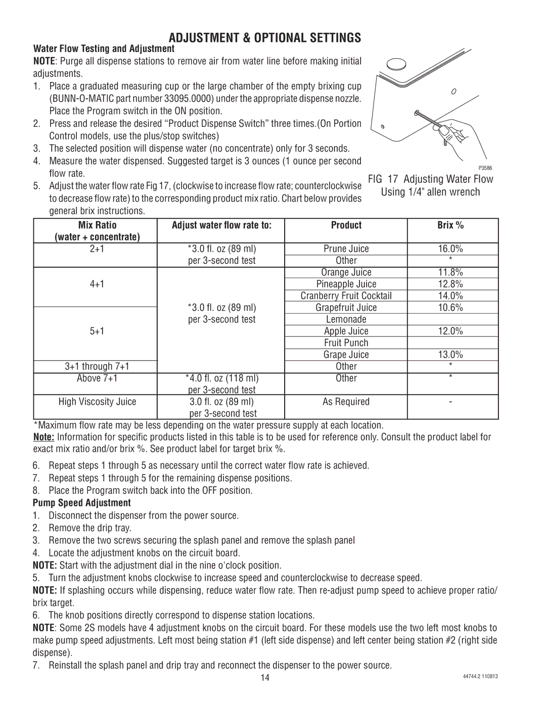 Bunn JDF-4S service manual Adjustment & Optional Settings, Water Flow Testing and Adjustment 